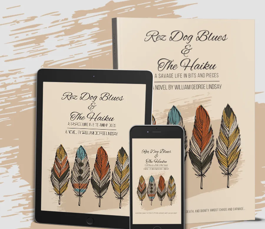 Rez Dog Blues & The Haiku shown as eBook on a tablet and phone, and as a paperback
